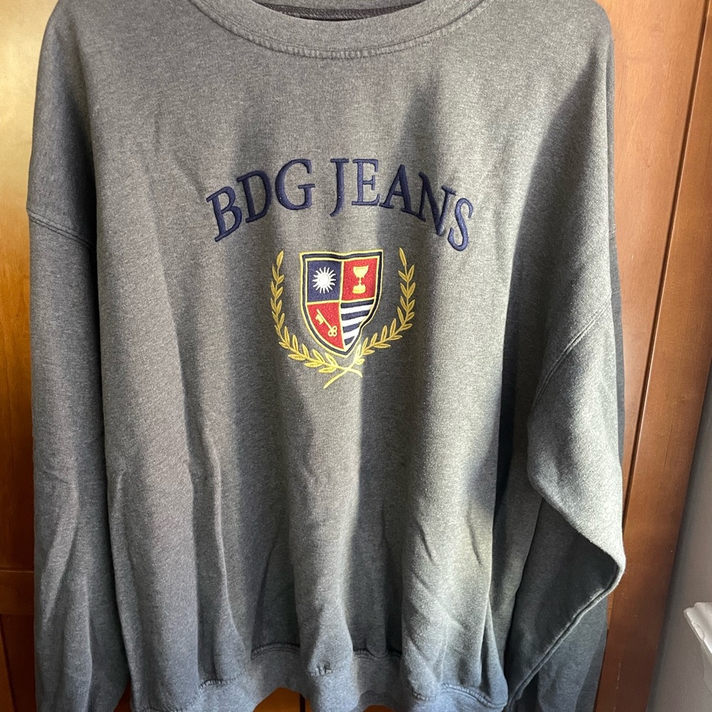 BDG Gray Crewneck Sweater with Embroidered Crest
